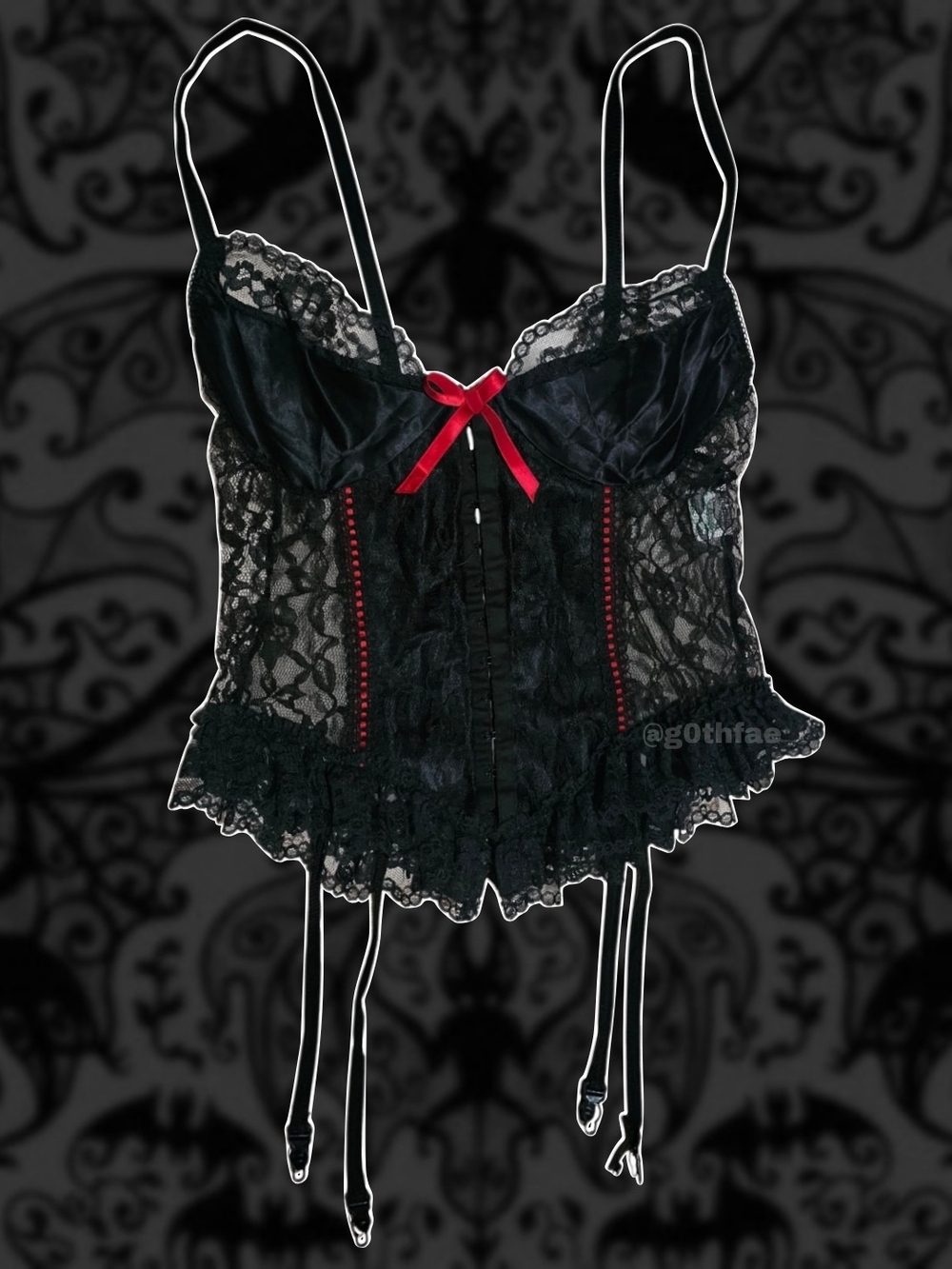 VTG Nan Flower Floral Lace Corset  Chemise Top, Bow, Garter Straps - Black & Red